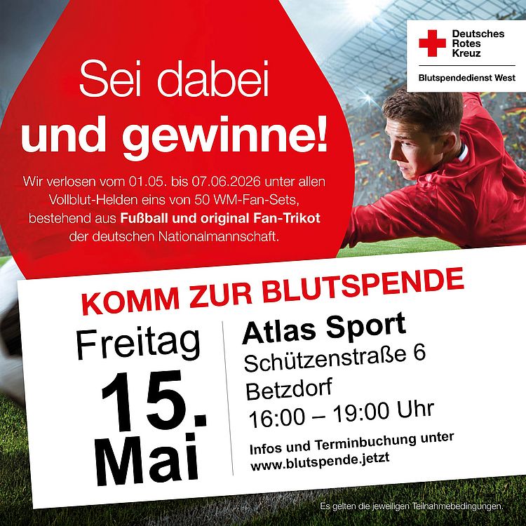 Werbeplakat der Blutspende am 15.05. 2026 im Studio Atlas Sport.