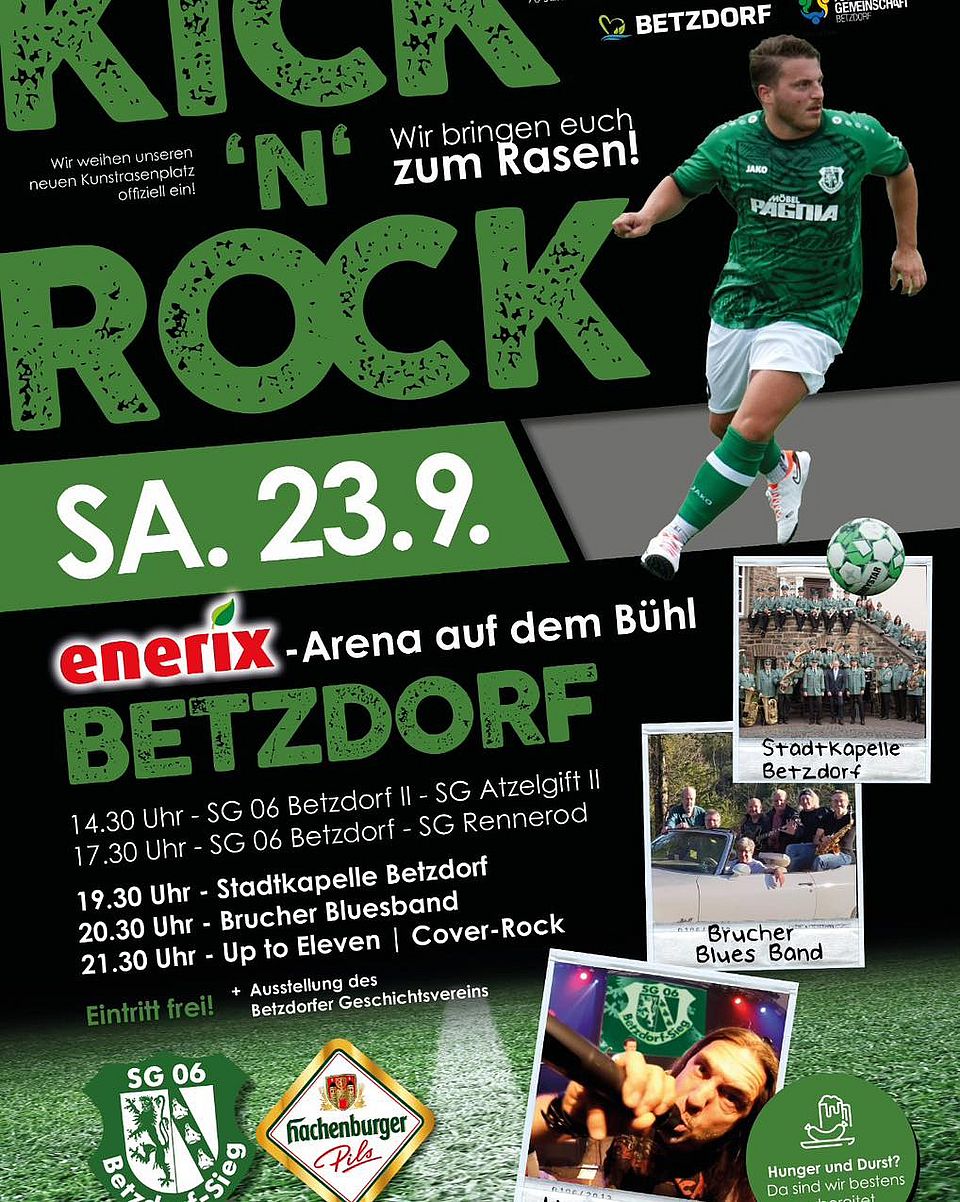 Plakat mit dem Programm der Veranstaltung Kick`N`Rock 2023.