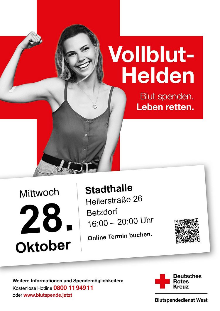 Werbeplakat der Blutspende am 28.10.2026 in der Stadthalle Betzdorf, (Foto: DRK-Blutspendedienst West)
