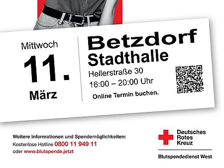 Das Plakat bewirbt die Blutspende in Betzdorf am 11.03.2026.