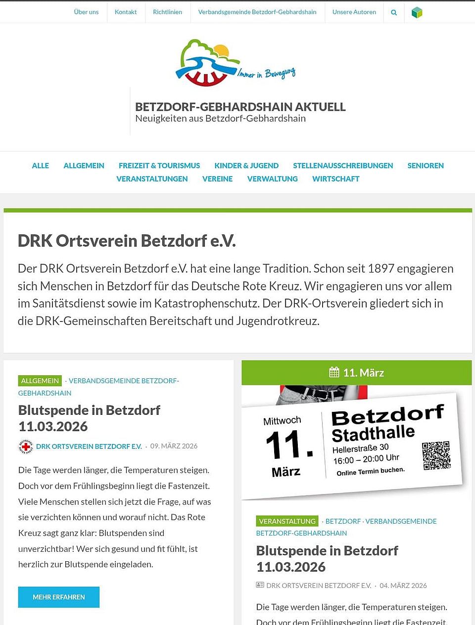 Screenshot des Beitrags und der Veranstaltung Blutspende auf der bg-Aktuell Seite